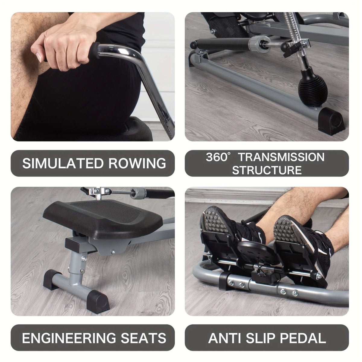 Features of foldable rowing machine with LCD monitor including simulated rowing and anti-slip pedals.