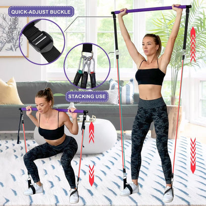Goocrun portable Pilates bar kit with resistance bands, fitness poster, and video for full-body home workouts, suitable for men and women.