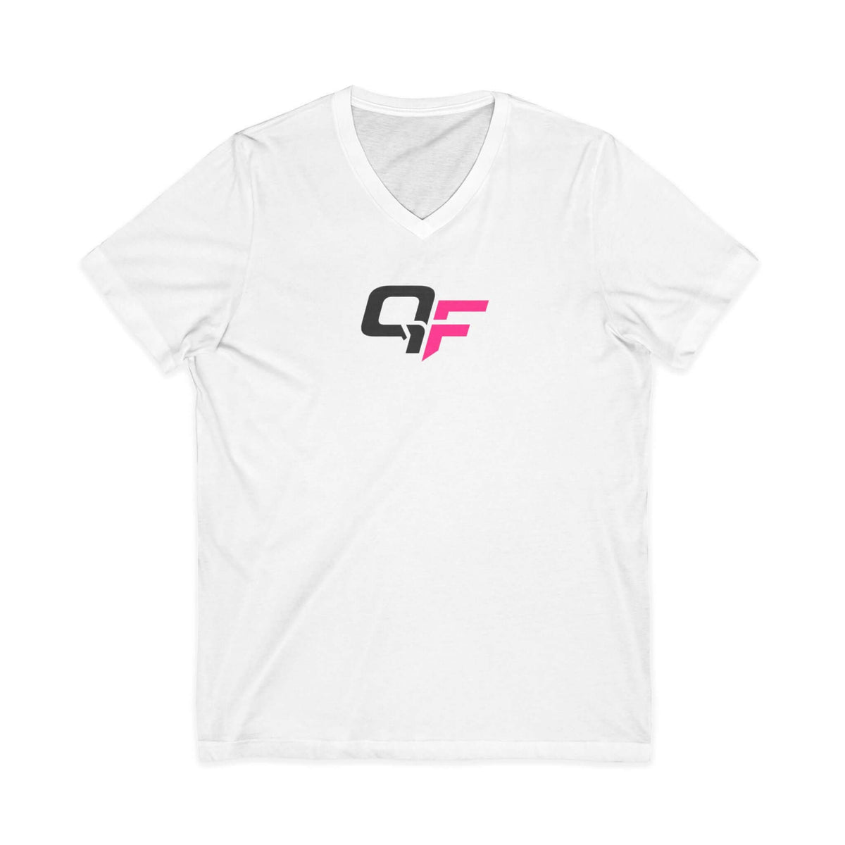White Qwik-Fit V-Neck Workout T-Shirt featuring a stylish logo, perfect for casual wear and gym sessions.