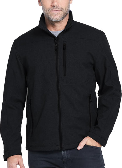 Weatherproof men's softshell jacket, wind and water resistant outdoor coat, breathable and lightweight for outdoor activities.