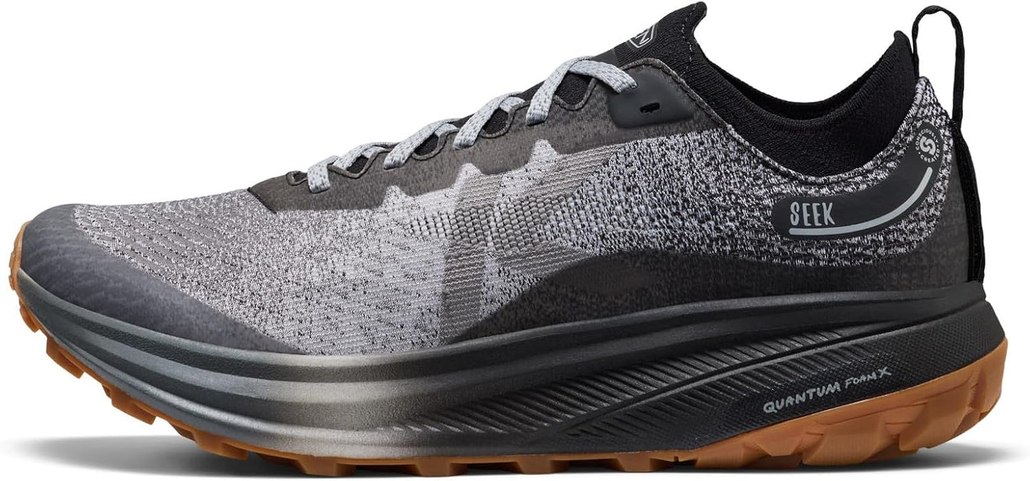 KEEN Seek trail running shoes in black and gray with sturdy outsole, designed for outdoor trail running and rugged terrains.