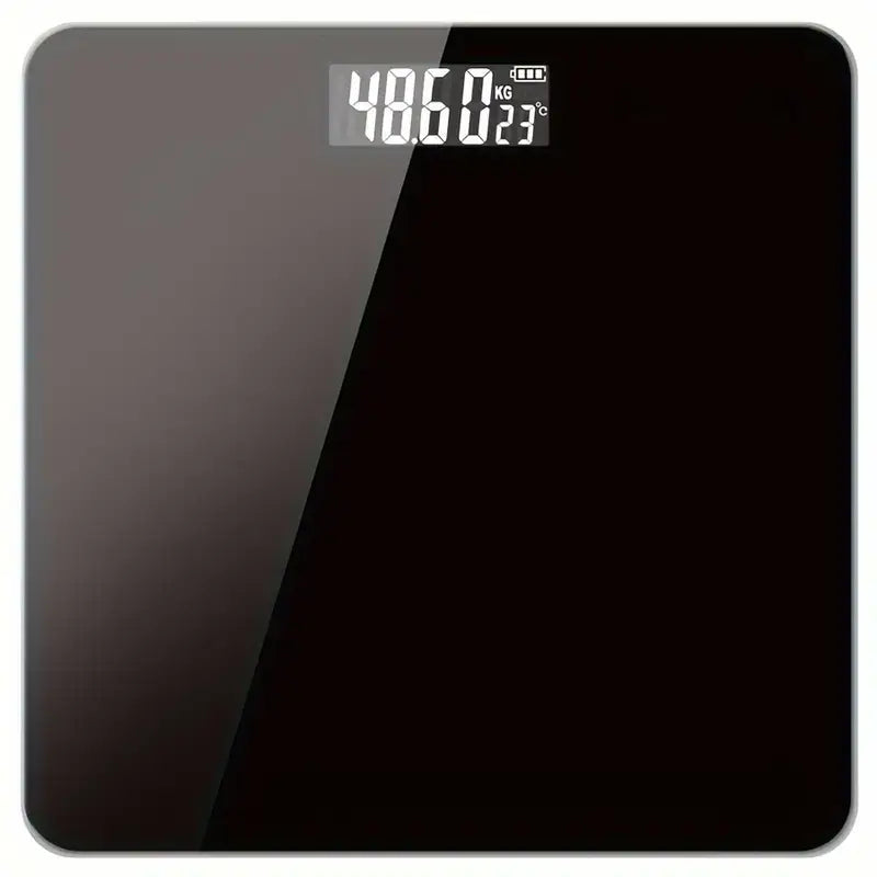 High precision battery powered body weight scale in sleek black design, displaying weight measurement.