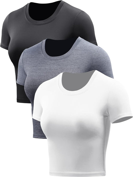 CADMUS women's dry fit crop top yoga shirt set, short sleeve athletic running tees, crew neck, 3-piece workout sportswear.