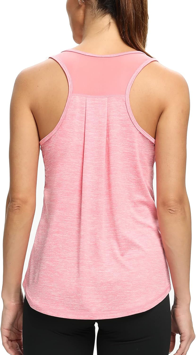 Pink CNJUYEE women's mesh racerback workout tank top for yoga, running, and gym, sleeveless athletic athletic shirt.