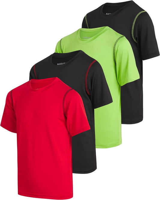 Black Bear boys' athletic performance dry fit short sleeve shirts, 4-pack, black bear logo, lightweight and breathable for active kids.