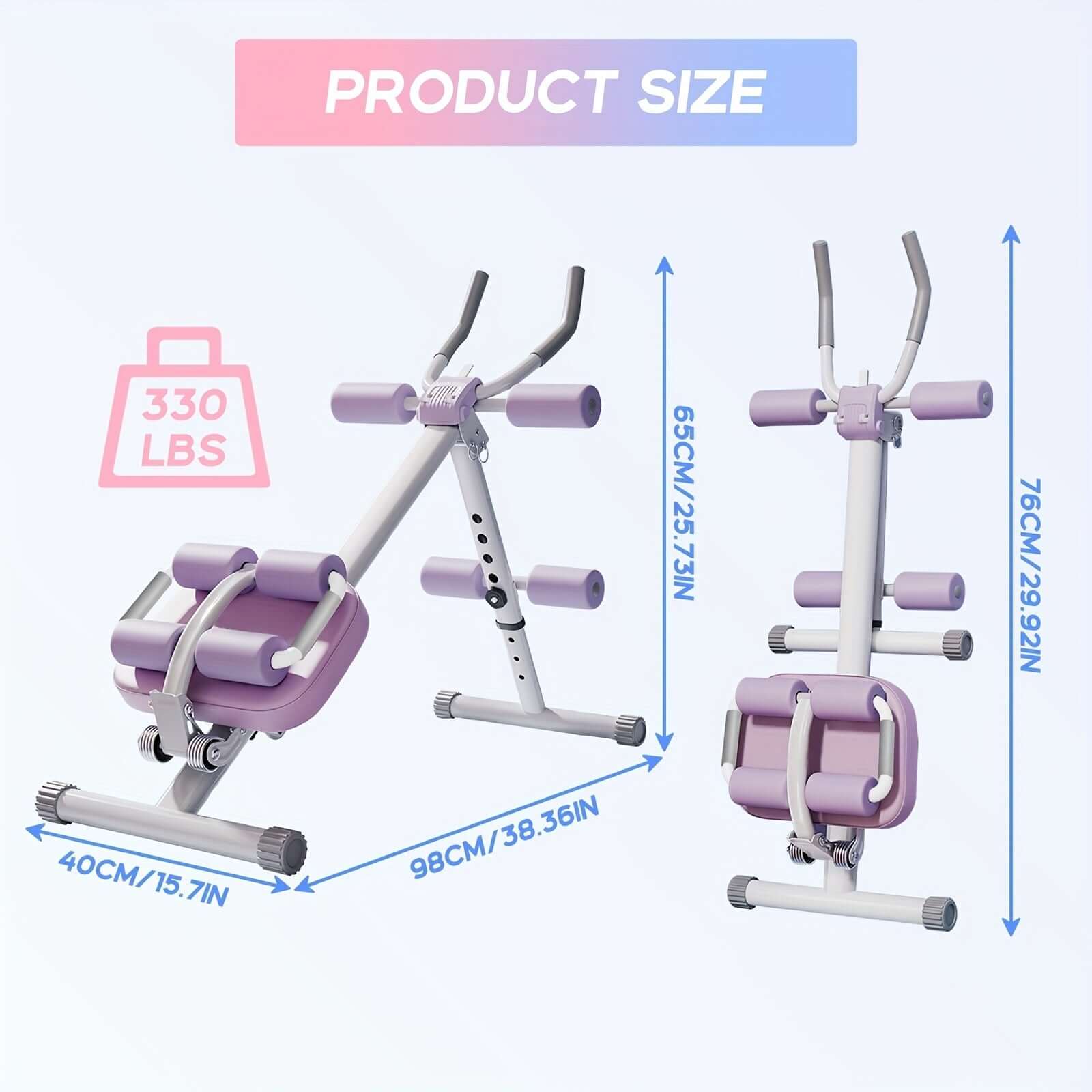 Adjustable abdominal workout machine dimensions with maximum weight capacity of 330 lbs for effective workouts.