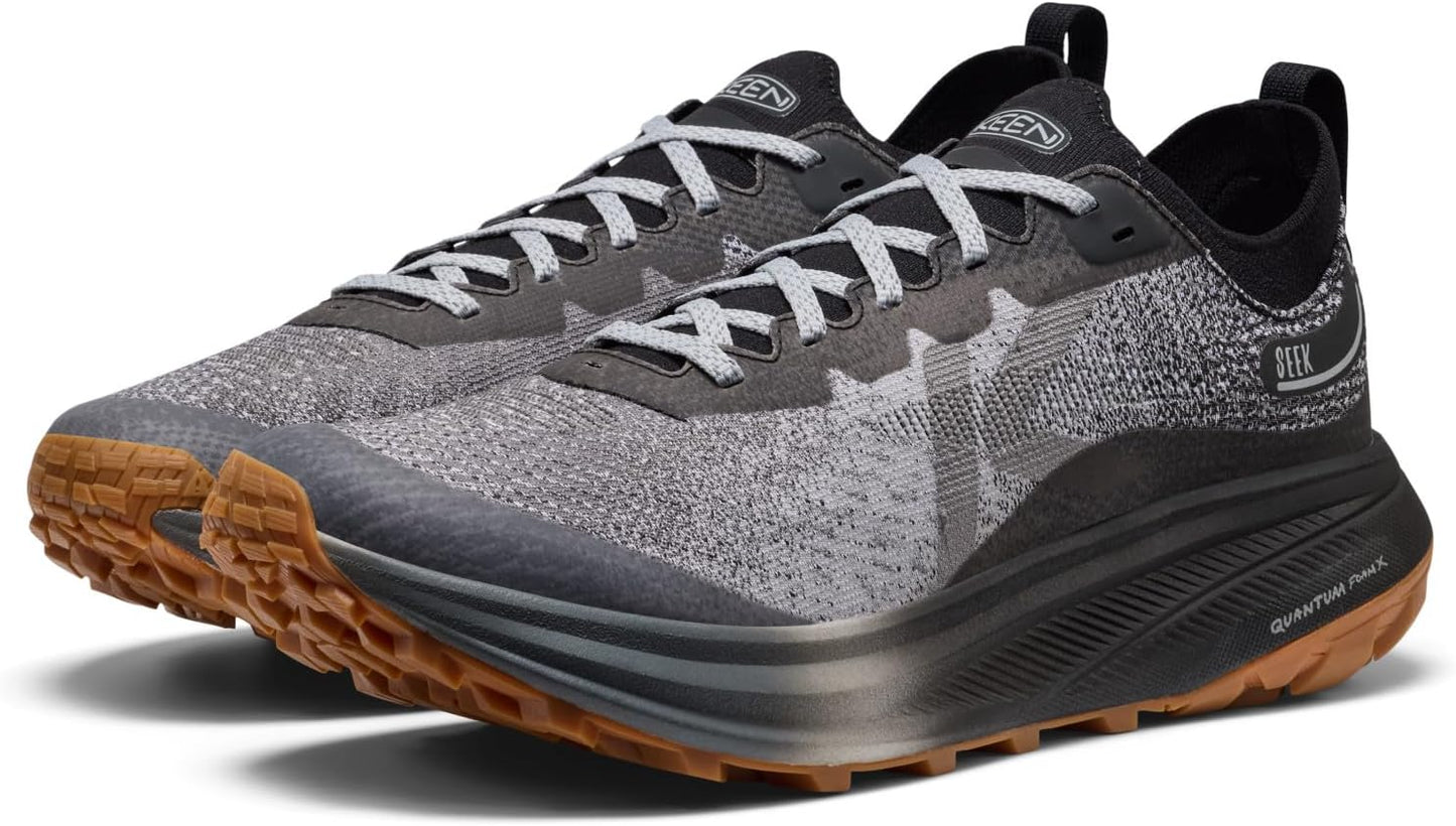 KEEN Seek Trail Running Shoes in black and gray with durable soles and breathable mesh for outdoor trail running.