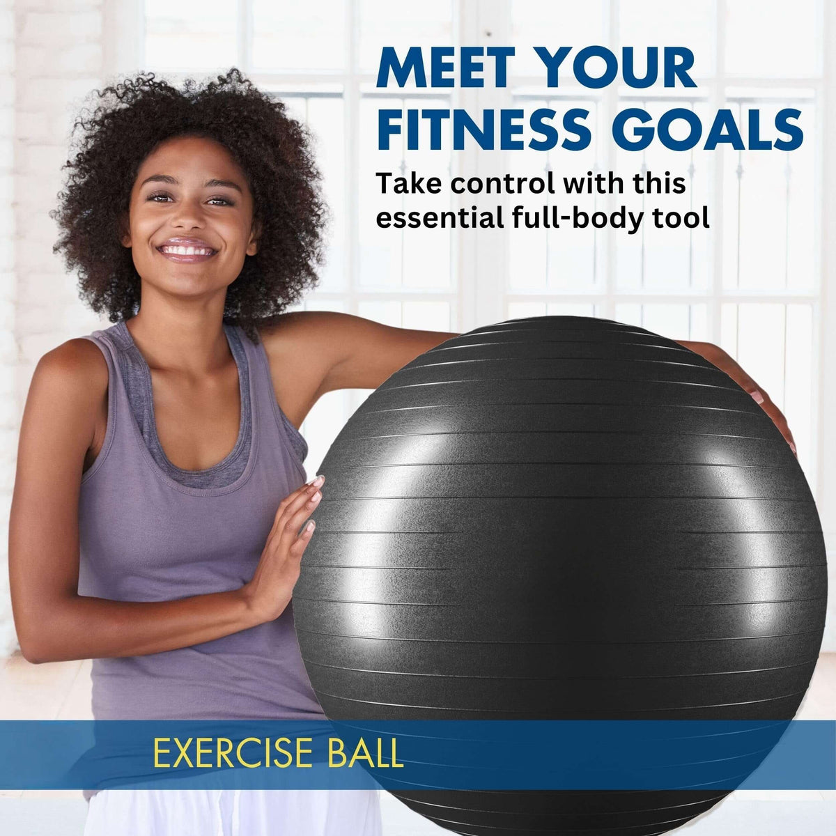 Woman smiling with an explosion-proof yoga ball with pump, promoting fitness goals and home workouts.