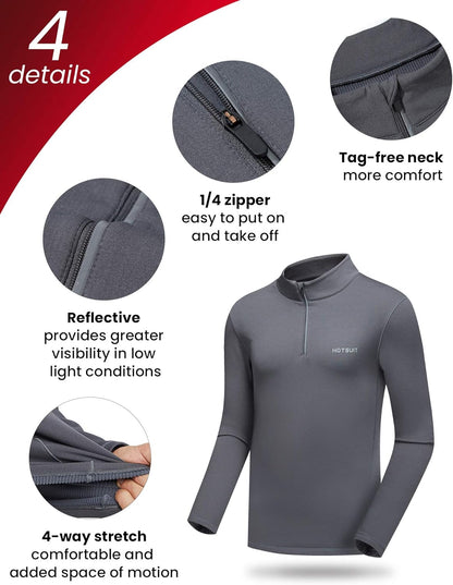 HOTSUIT men's 1/4 zip running pullover, lightweight fleece, long sleeve, quick dry, reflective quarter zip shirt for active wear
