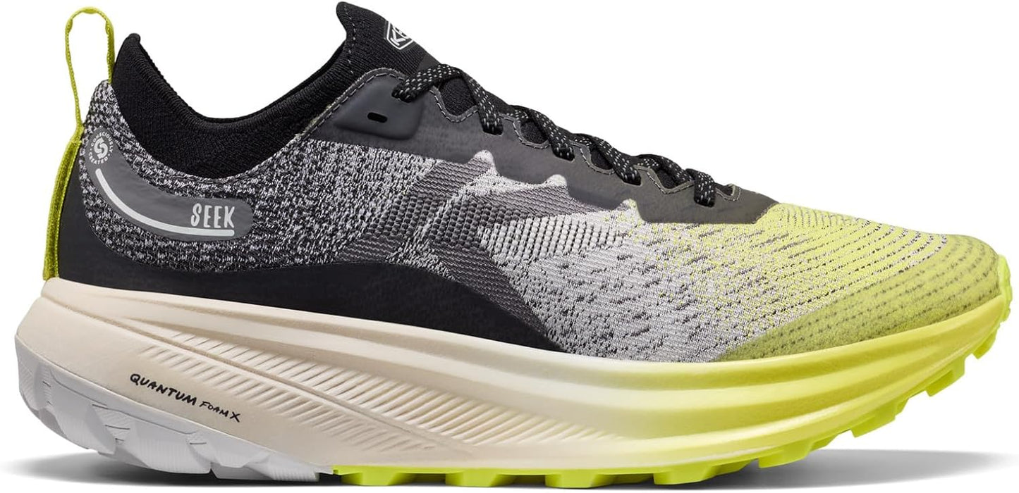 KEEN Seek trail running shoes in gray with black accents, featuring sturdy soles and breathable mesh for outdoor running.