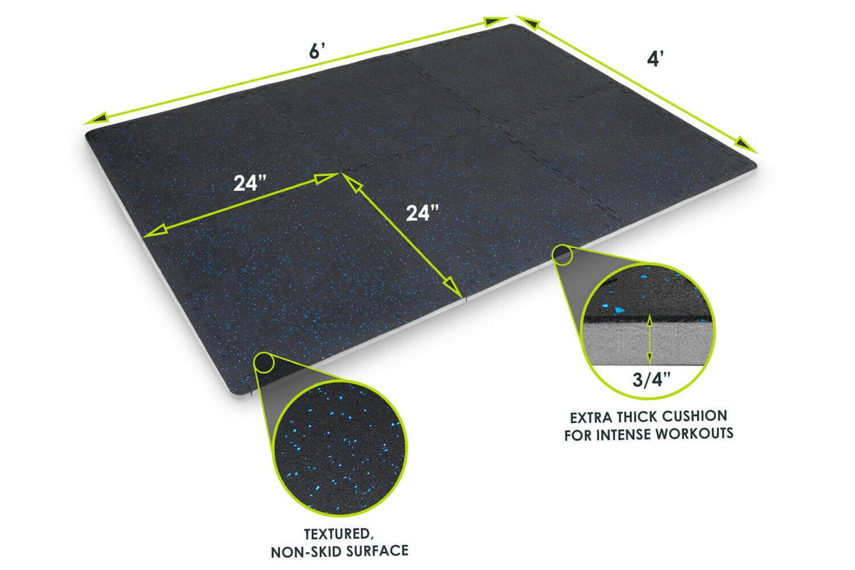 Rubber top exercise mat with textured non-skid surface, 0.75in thick, dimensions 6' x 4', ideal for intense workouts.