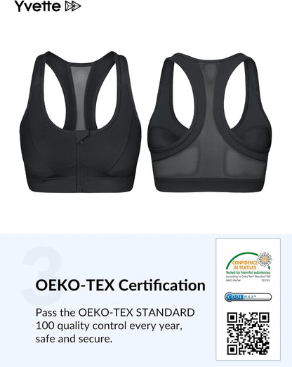 Yvette zip front high-impact sports bra for women, plus size workout and running fitness bra with supportive design and breathable fabric.