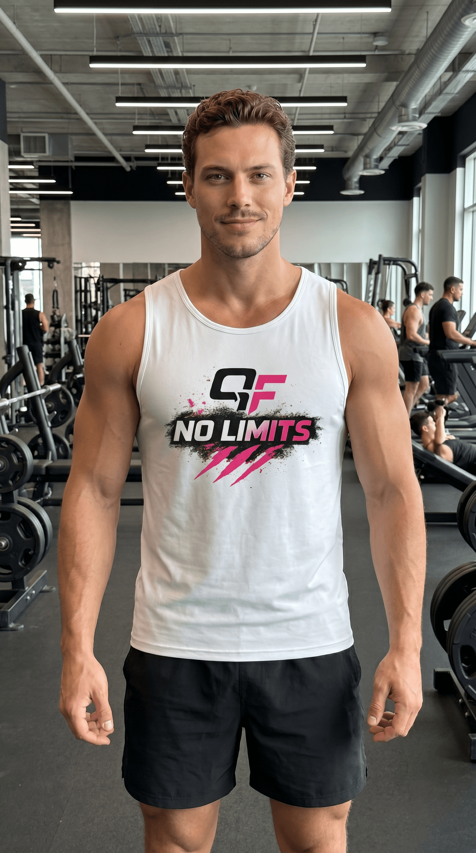 Model wearing No Limits tank top in gym, showcasing graphic athletic sleeveless tank top design.