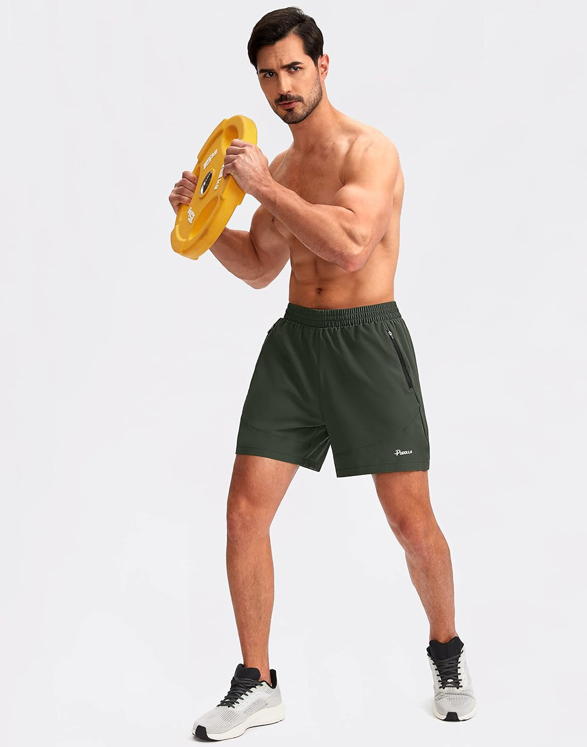 Pudolla men's workout running shorts in 7", 5", or 9" lengths with lightweight fabric and zipper pockets for gym and athletic activities.