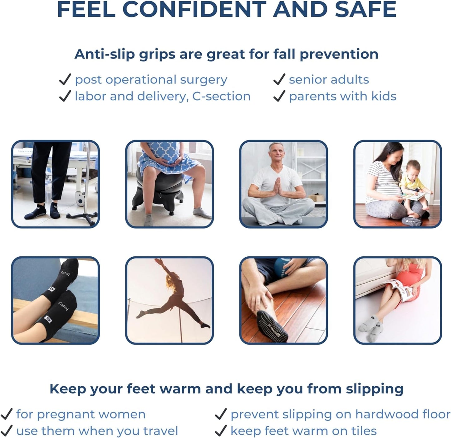 Non-slip yoga and pilates socks with grips for women and men, designed for maternity, barre, and hospital use by Live Happy Be Healthy.