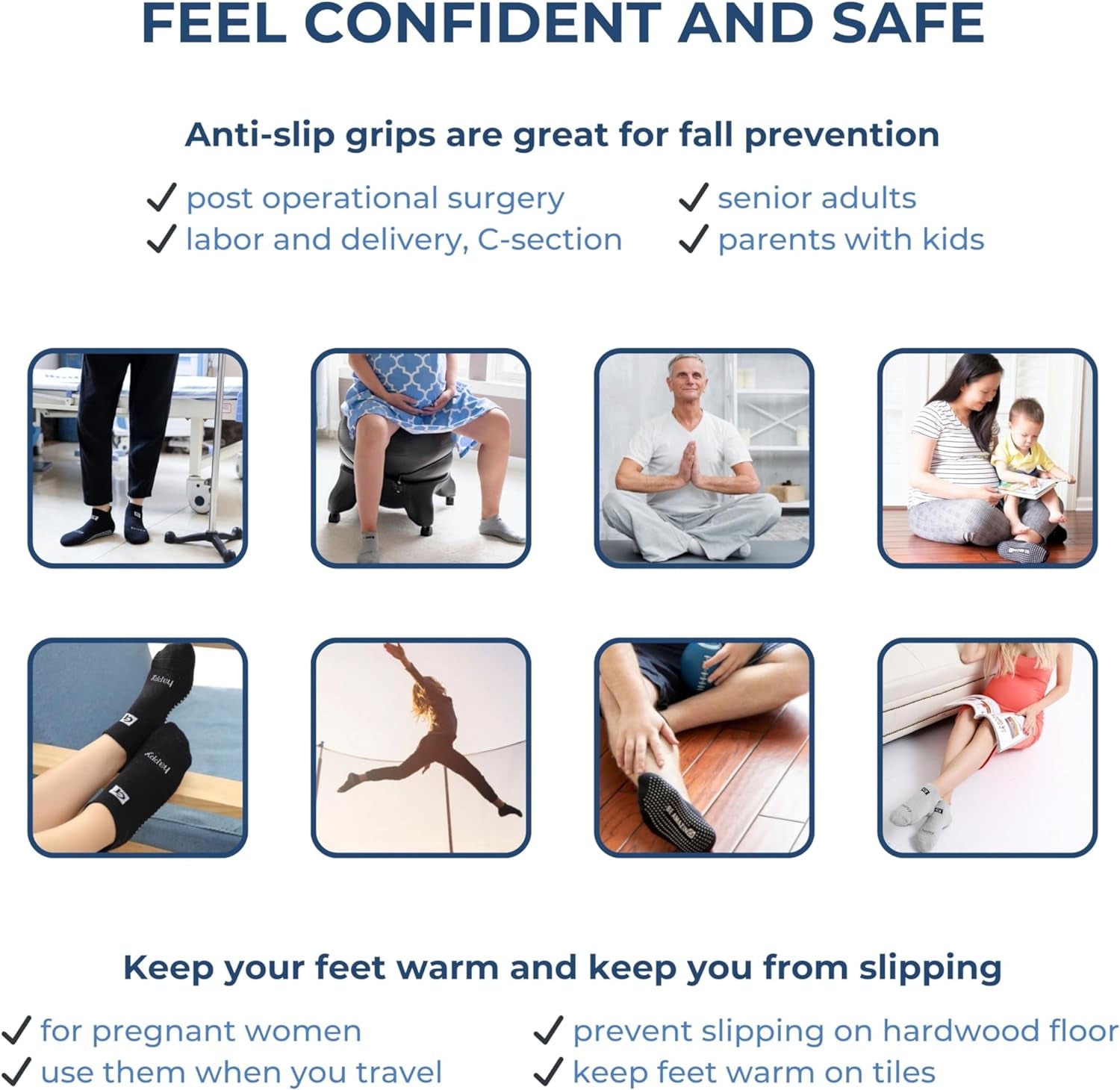 Non-slip yoga and pilates socks with grips for women and men, designed for maternity, barre, and hospital use by Live Happy Be Healthy.