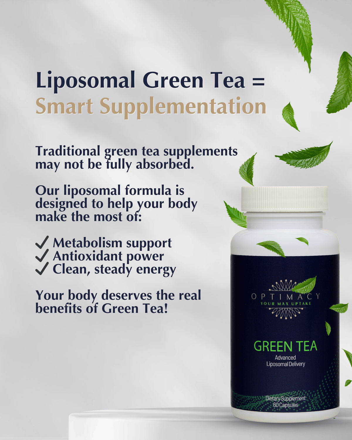 Liposomal green tea extract supplement in a bottle with green tea leaves on a light background.