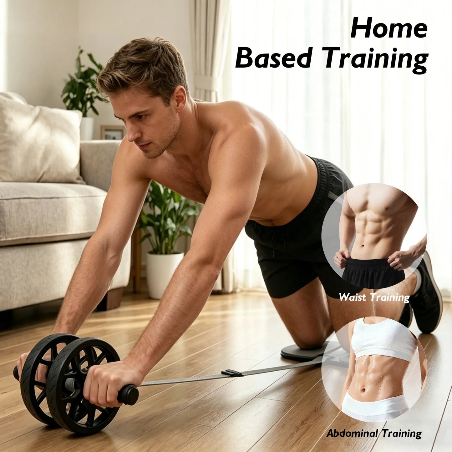 Fitness Essentials Soulyis elastic ab roller with double wheels, resistance band, ergonomic handles, and elbow support for full-body training.