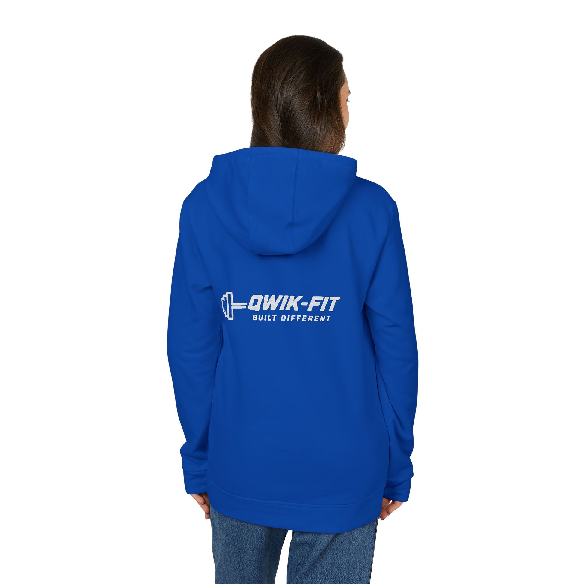 White Adidas hoodie with Qwik-Fit logo, athletic pullover featuring a comfortable fit and casual style.