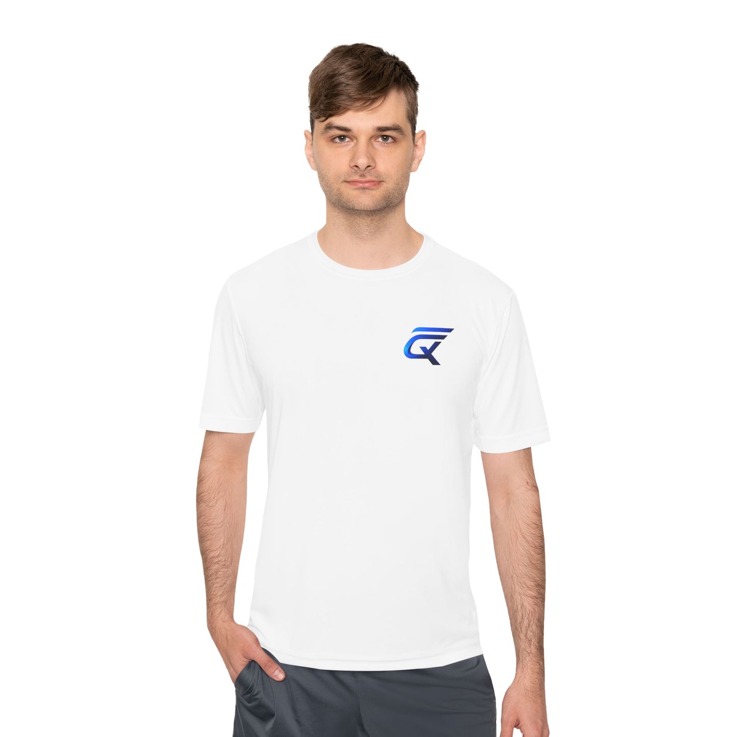 Man wearing a Q-F T-Shirt with newest logo, featuring PosiCharge competitor tee design in white.