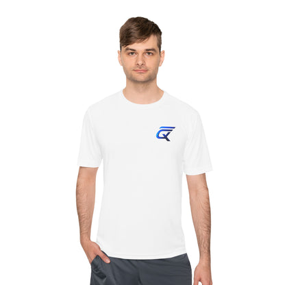 Man wearing a Q-F T-Shirt with newest logo, featuring PosiCharge competitor tee design in white.