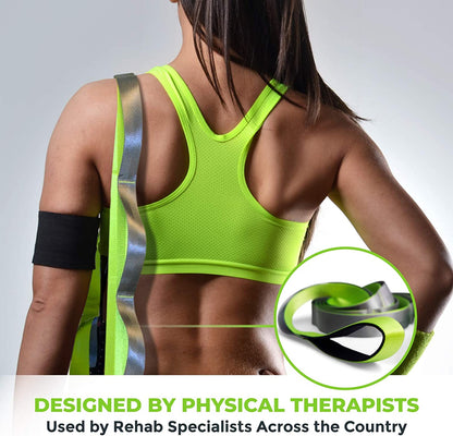 Gradient Fitness 12-loop stretching strap with neoprene handles, used for physical therapy, yoga, and leg stretching exercises.