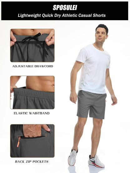 SPOSULEI men's athletic hiking shorts with water-resistant, quick-dry fabric, lightweight design, and zipper pockets for outdoor activity.