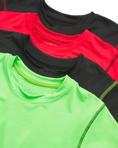 Black Bear boys' active shirts, 4-pack, short sleeve athletic performance dry fit youth T-shirts, black bear logo visible.