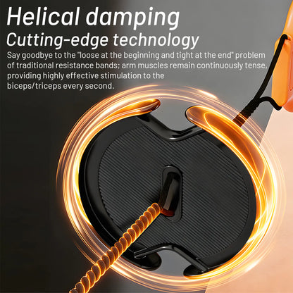 Fitness Essentials flywheel resistance bands with handles for portable home workouts targeting arms, back, and shoulders.