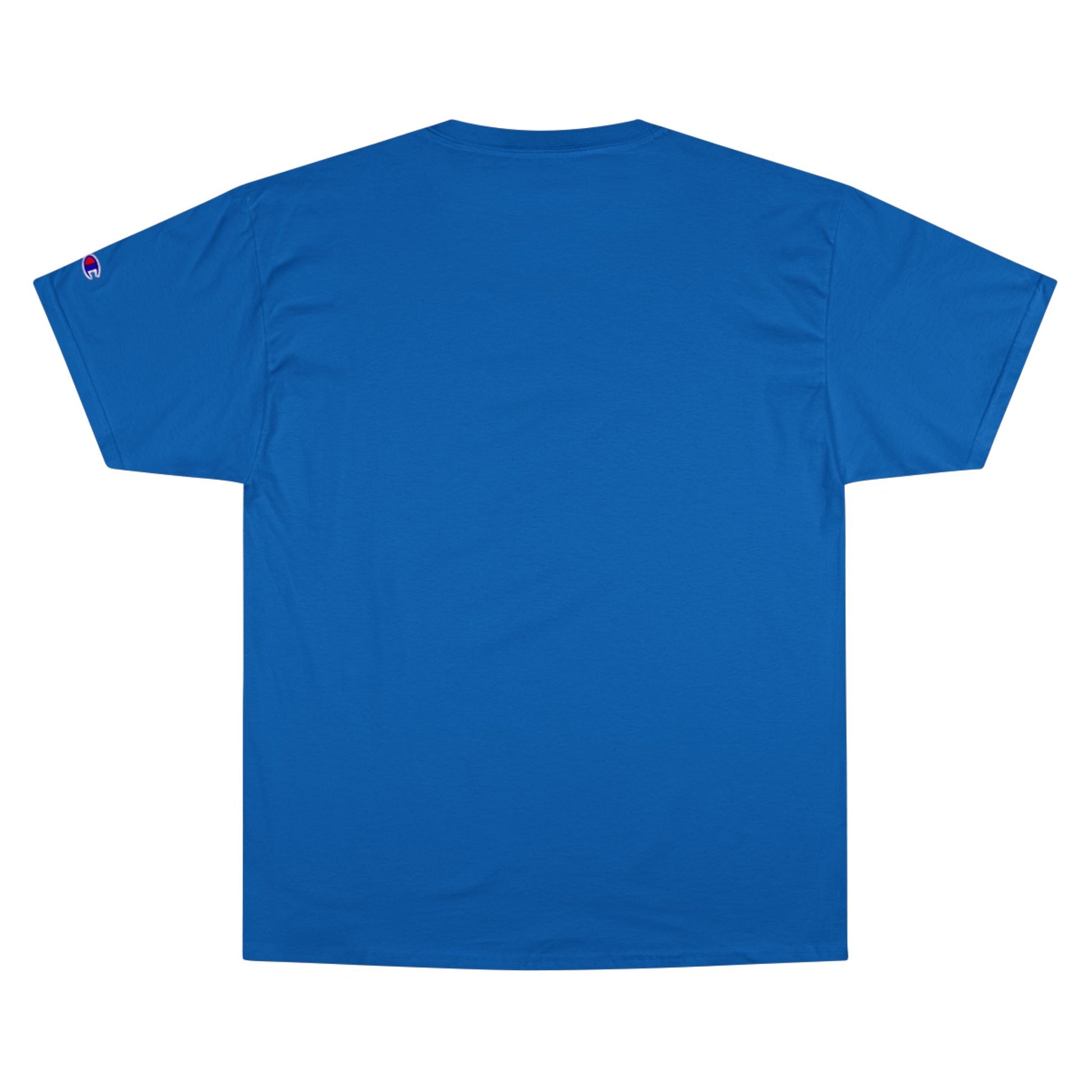 Back view of a blue Champion unisex cotton t-shirt, featuring short sleeves and the iconic 'C' logo on the sleeve.
