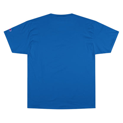 Back view of a blue Champion unisex cotton t-shirt, featuring short sleeves and the iconic 'C' logo on the sleeve.