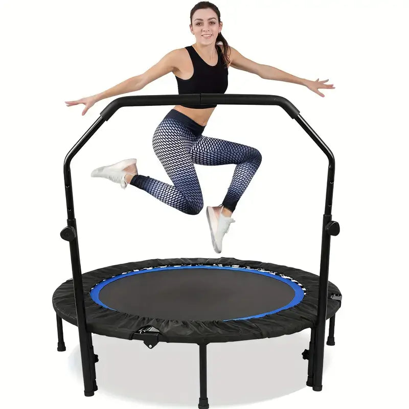 Woman exercising on a 121.92cm mini fitness trampoline with adjustable handle, designed for home workouts.