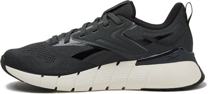 Reebok Nano Gym 1.0 men's athletic workout shoes with black and gray design, featuring supportive soles for training and fitness.