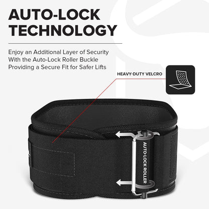 Black 6-inch Iron Bull Strength weightlifting belt with auto-lock buckle, designed for back support during fitness and powerlifting.