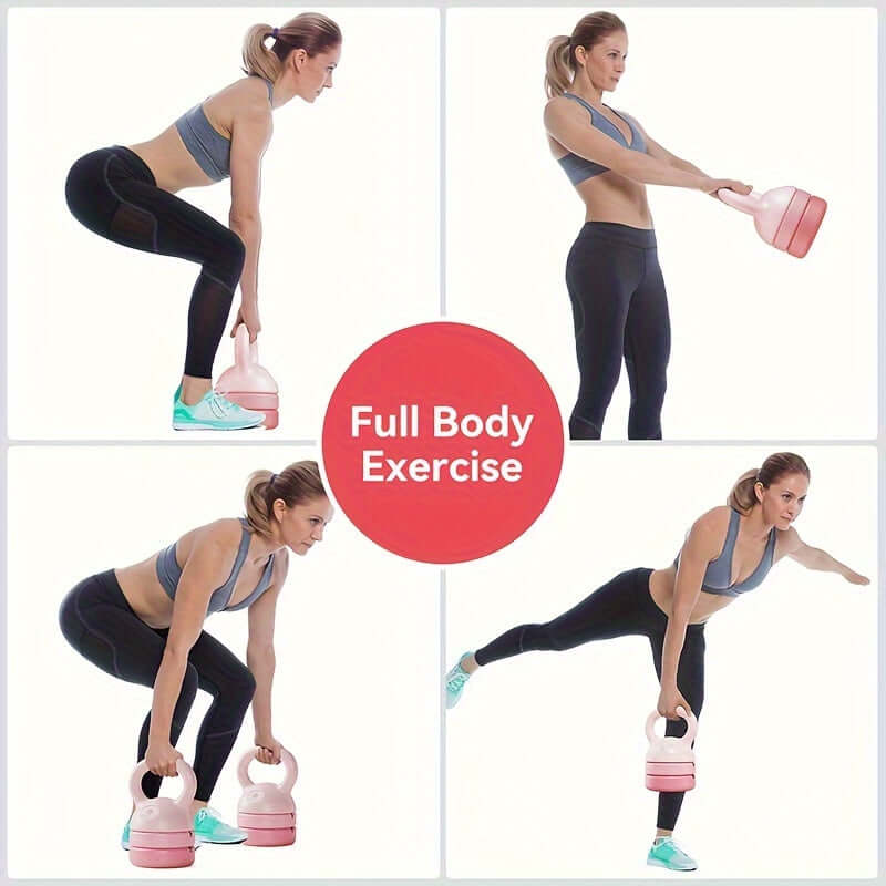 Woman demonstrating full body exercise with adjustable 12lb kettlebell for home workouts in pink color.