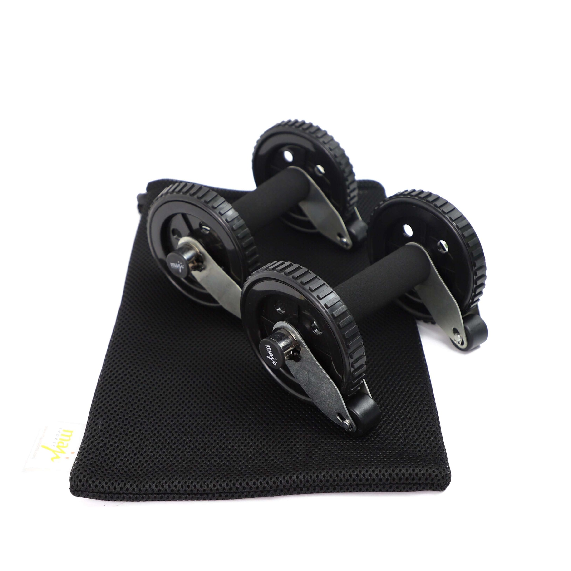 Maji Sports multi-functional ab rollers with stop wheel function on a black mat.