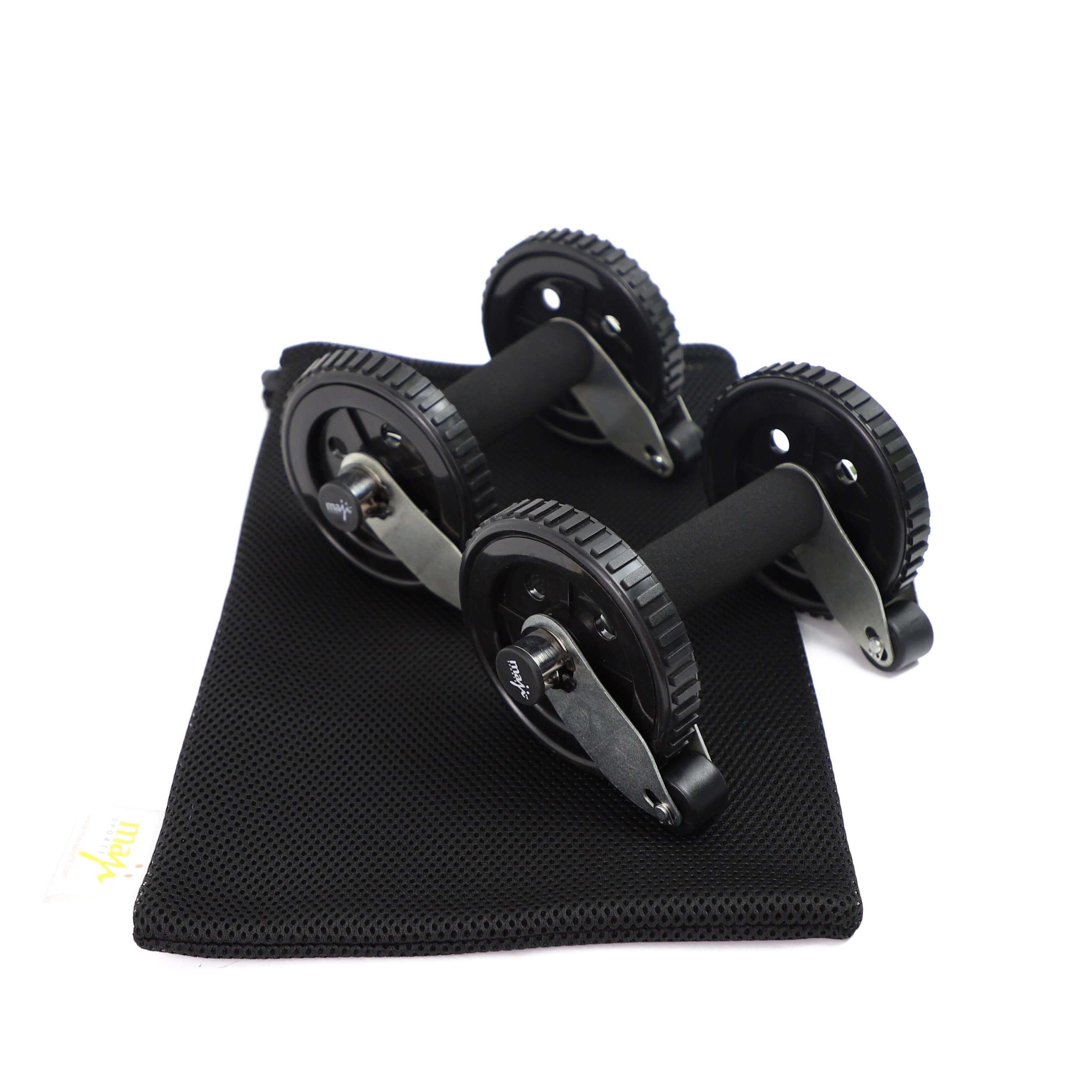 Maji Sports multi-functional ab rollers with stop wheel function on a black mat.