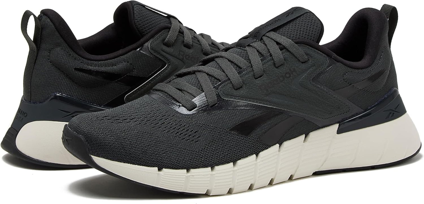 Reebok Nano 1.0 men's athletic workout shoes with black and gray upper, supportive sole, designed for gym and training activities.