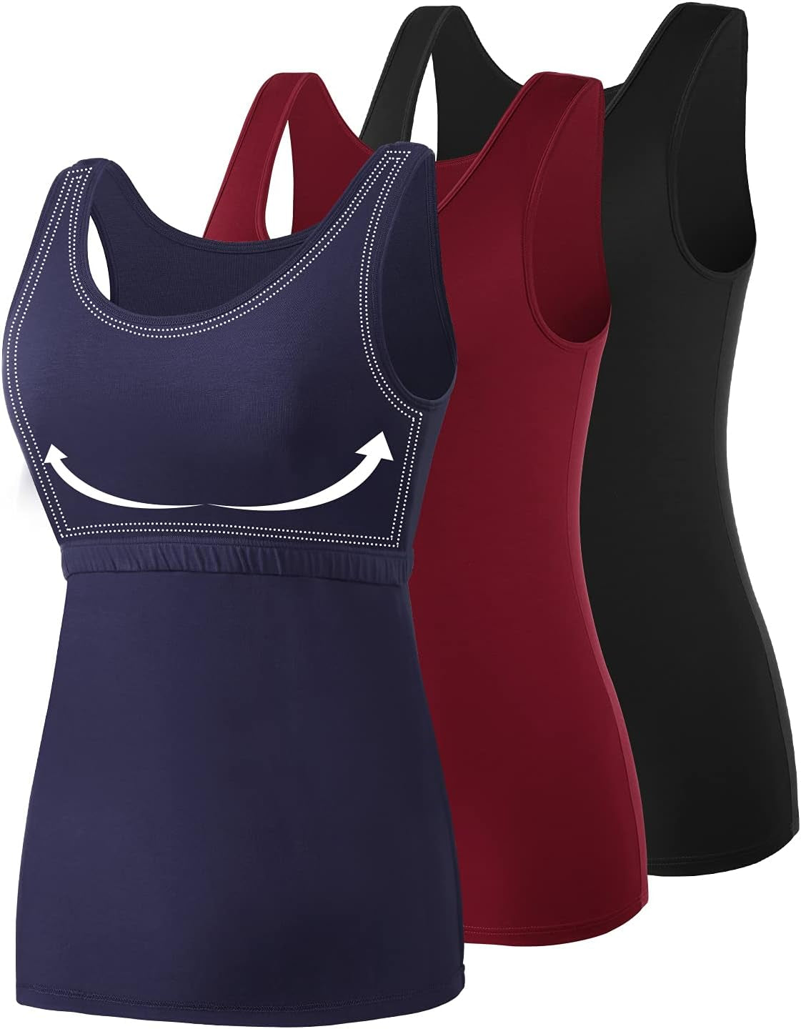 AMVELOP women's cotton tank tops with built-in bras, layered undershirts, 2-3 pack, comfortable and breathable for everyday wear.