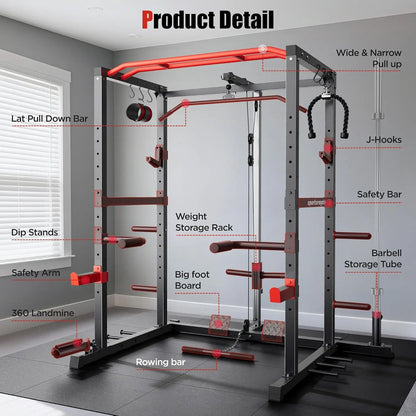 Fitness Essentials power rack with pulley system and J hooks, multi-functional squat cage for home gym workouts in red or blue.