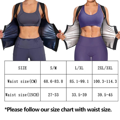 Image of women's sauna shaper vest size chart including S/M, L/XL, and 2XL/3XL dimensions for optimal fit.