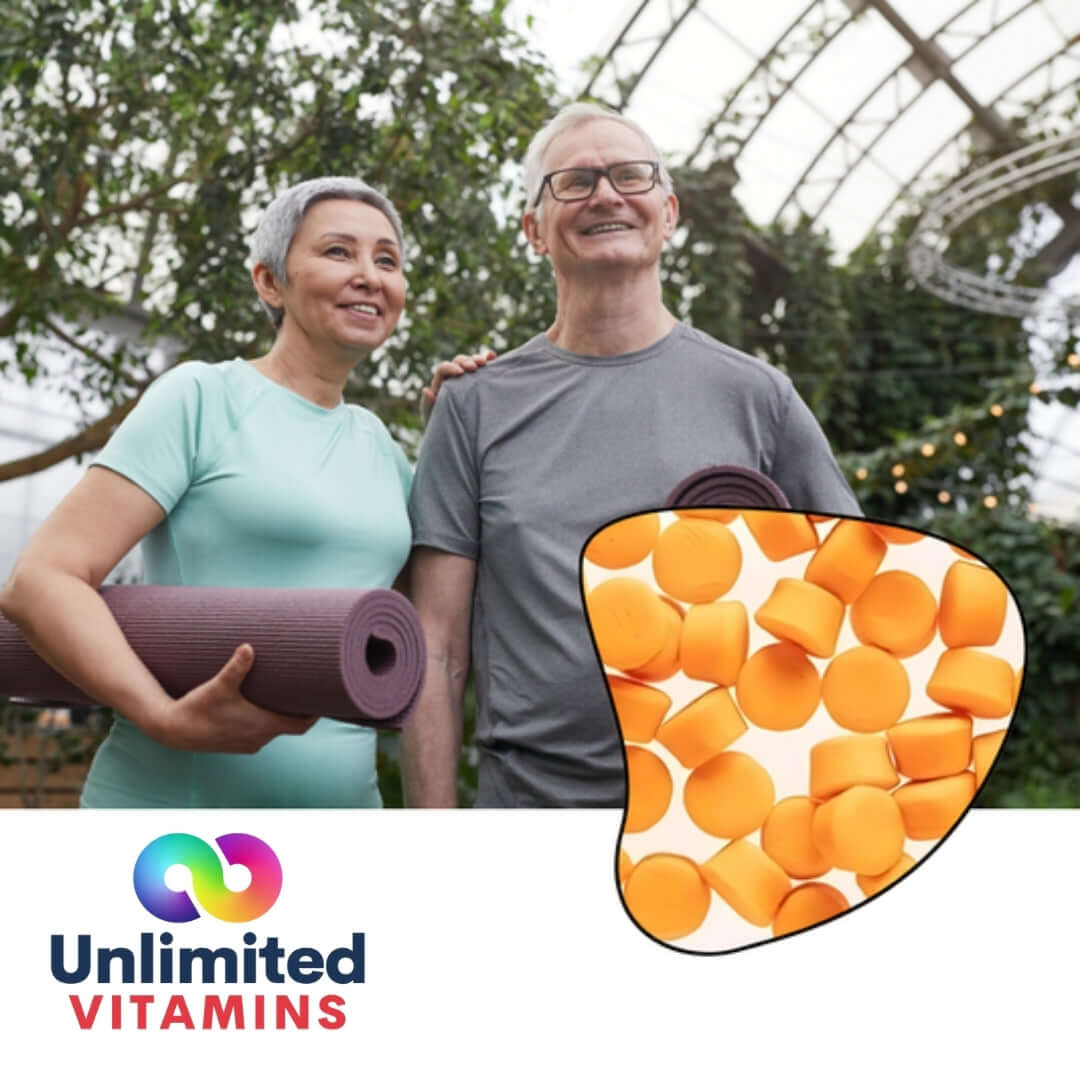 Turmeric ginger dietary supplement with happy seniors holding yoga mats and orange tablets in background.