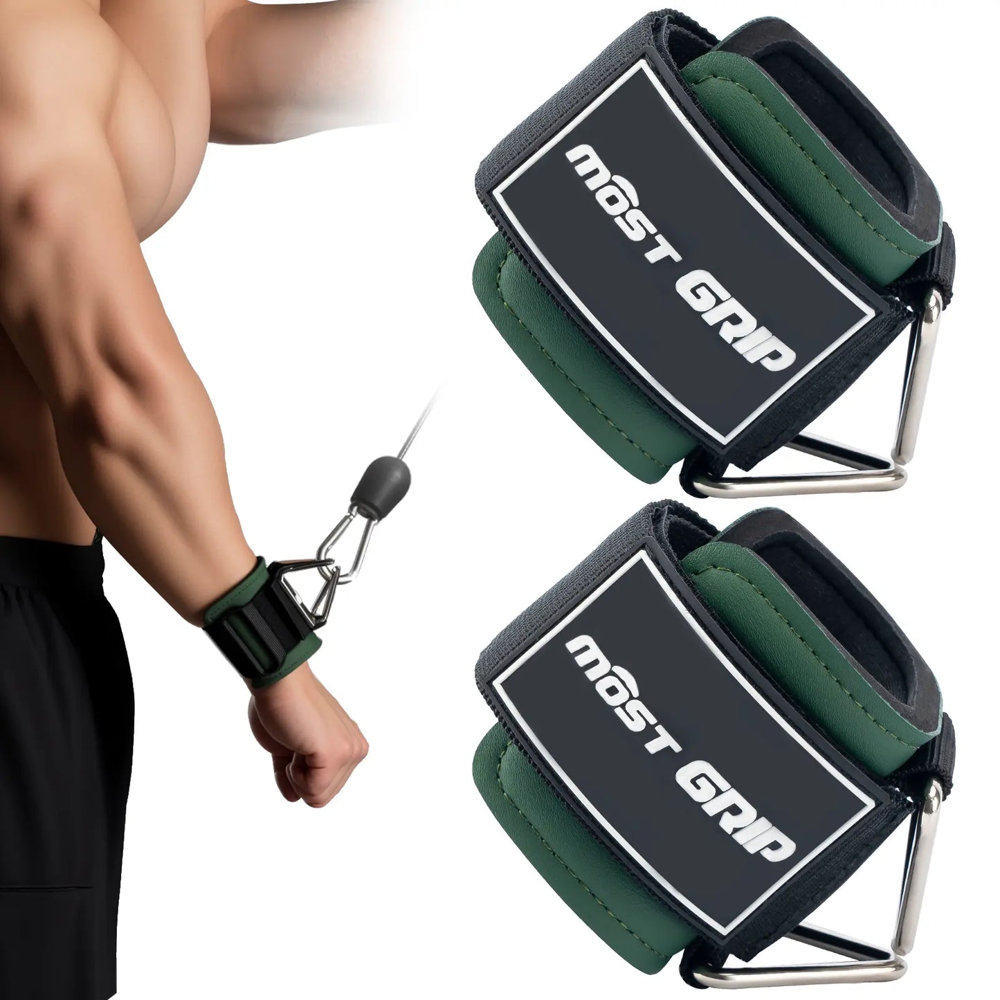 Fitness Essentials MOST GRIP wrist cuffs with D-ring, neoprene padding, and straps for weightlifting and cable machine workouts.