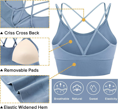Sykooria 3-pack women's strappy sports bras with crisscross design, suitable for yoga, running, and gym workouts.