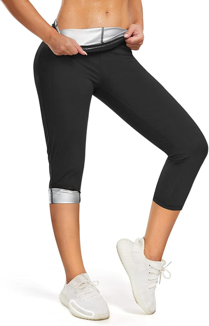Woman wearing high waist sauna sweat pants, showcasing their sleek design for effective workout performance.