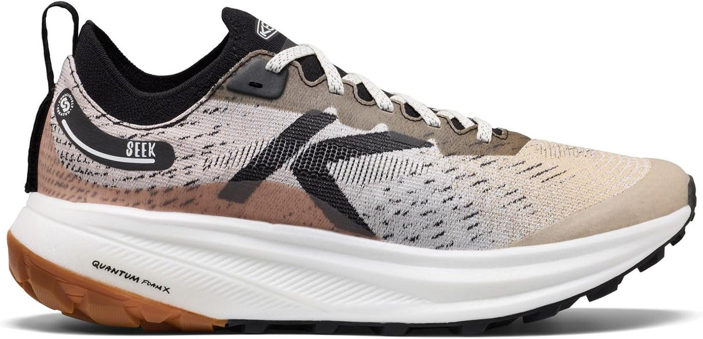KEEN Seek trail running shoes in gray and black with rugged outsole and breathable mesh upper, designed for outdoor hiking and running.