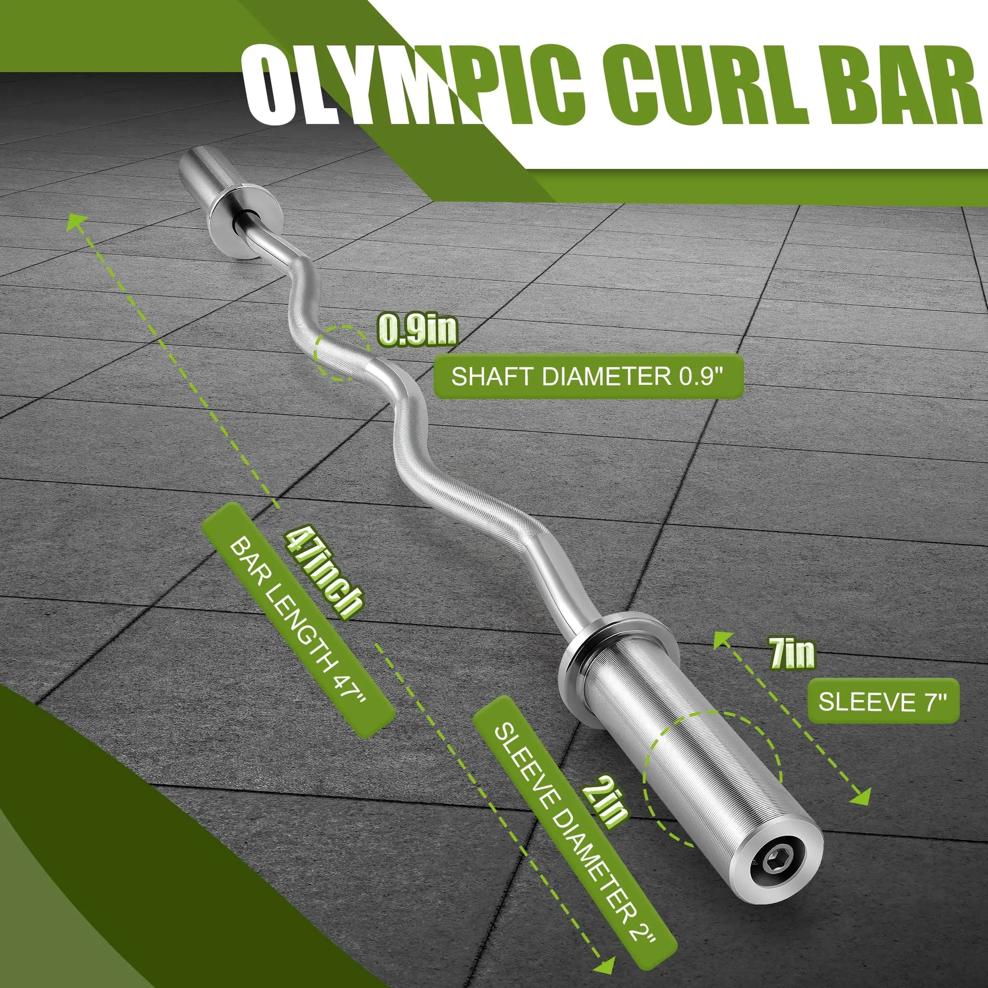 Fitness Essentials 47” Olympic EZ Curl Barbell with 380 lbs max load, wrist-friendly design for arm workouts.