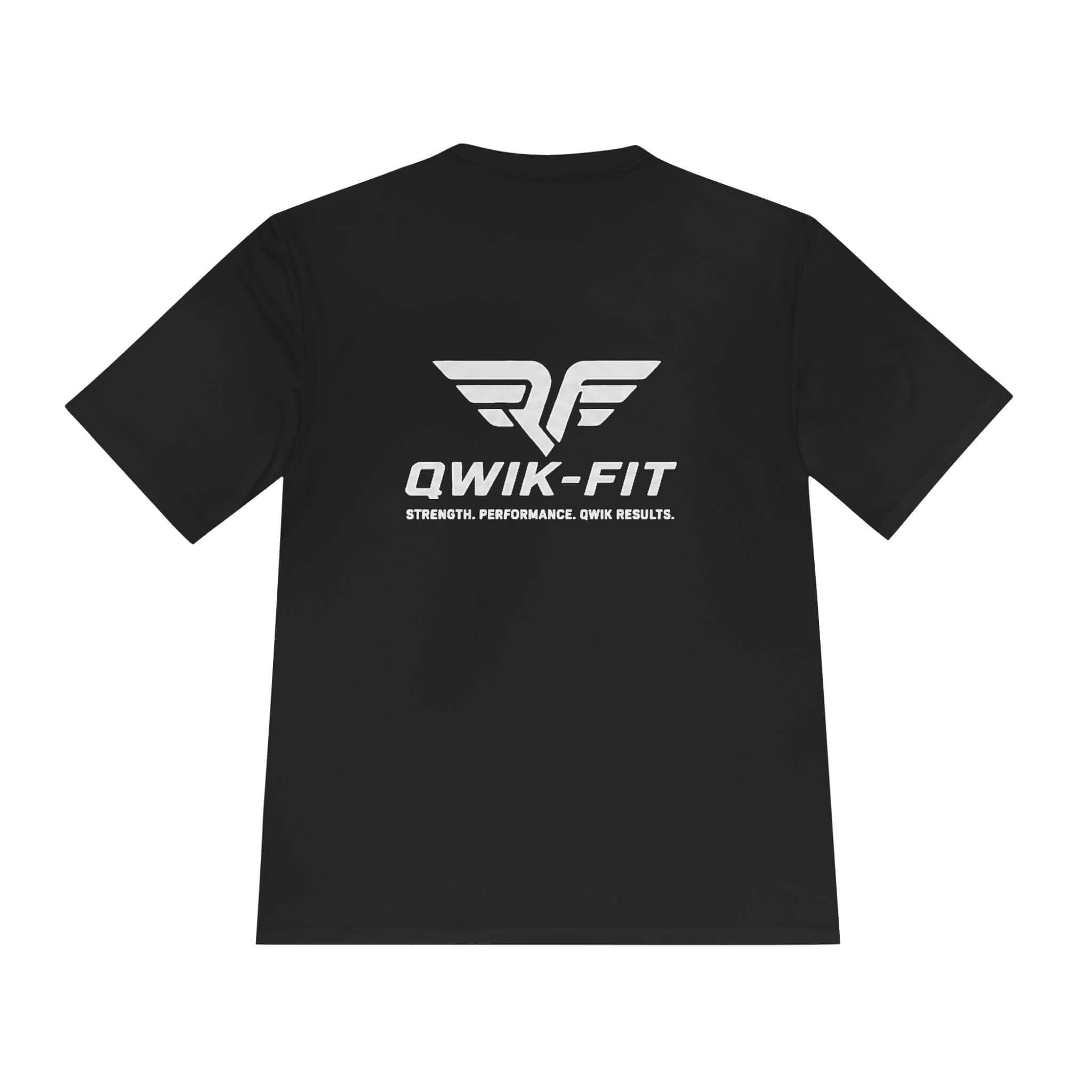 Qwik-Fit black moisture-wicking gym shirt featuring a stylish back design for optimal performance and comfort during workouts.