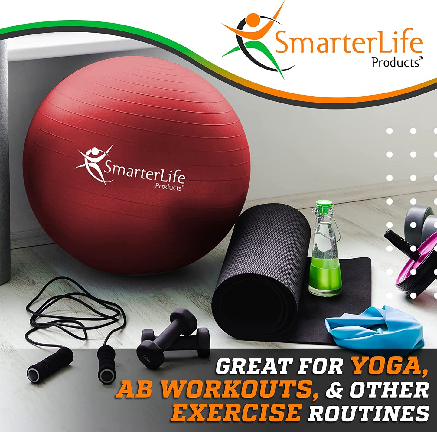 Smarterlife exercise yoga ball for fitness, balance, pregnancy, and therapy, featuring anti-slip and anti-burst design.
