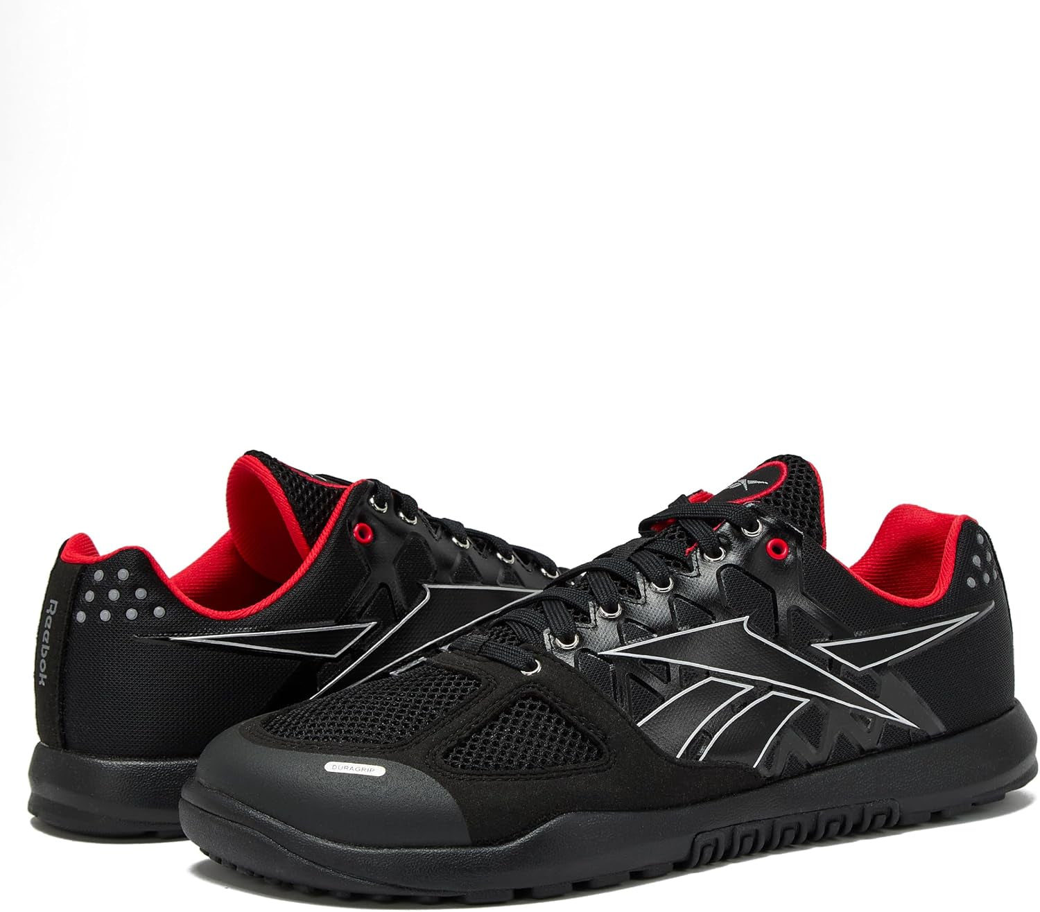 Reebok men's Nano 2.0 cross training shoes in black and gray with breathable mesh and supportive sole for gym workouts.